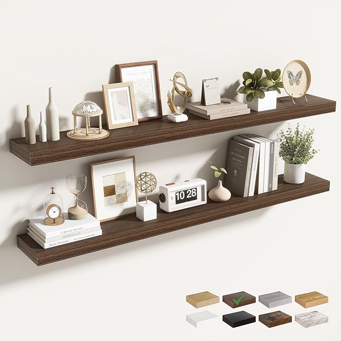48 Inch Floating Shelves for Wall 2 Pack, 48" Wall Shelves for Books, Storage, Decor, Wall Mounted Floating Shelf with Invisible Brackets for Kitchen, Living Room, Walnut
