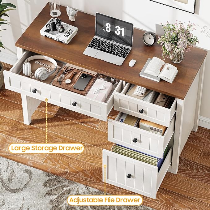 Vabches Farmhouse Executive Desk with 4 Drawers, Home Office Desk with File Drawer, Wood Computer Desk with Storage, Rustic Office Desk for Work Study Writing, Brown White