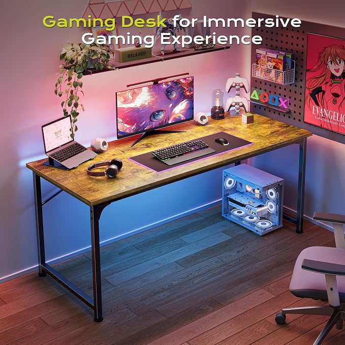 PRAISUN 55 Inch Computer Desk, Home Office Desk with Spacious Desktop, Modern Gaming Desk, Writing Study Table for Bedroom, Small Spaces, Work from Home Desk with Metal Frame, Retro Brown