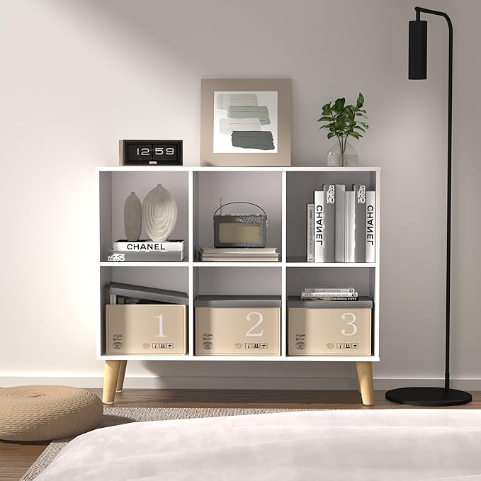 6 Cube Storage Organizer with Legs, 2 Tier Cube Low Bookcase Freestanding Storage Display Organizer for Home Office, Six-Cubes Open Shelf Bookshelf (White, 6 Cube Horizontal)