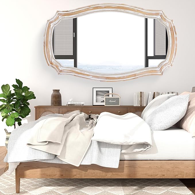36x24 Inches Rustic Scalloped Wall Mirror, Baroque Irregular Curved Shape with Beaded, Distressed Wooden Decorative Hanging Mirror for Living Room, Bedroom, Entryway - Horizontal or Vertical