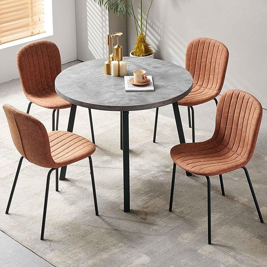 NORDICANA 4-Person Round Dining Table Set for Small Spaces, Industrial Style 37.4 Dia Grey Engineered Wood Kitchen Table with Faux Leather Dining Side Chairs, Brown
