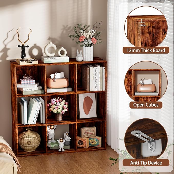 9 Cube Storage Organizer, Free Standing Display Shelf with Open Cubes, Floor Standing Book Shelf Bookcase with Storage for Home Office, Living Room, Bed Room (Vintage Brown, 9-Cube)