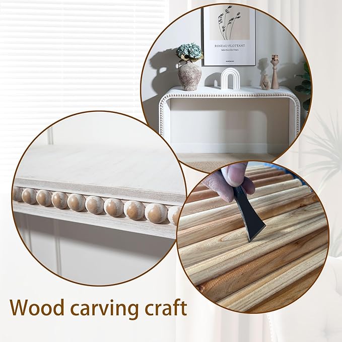 Wood Console Table, 59" Retro Long Sofa Table Behind Couch with Real Wood Beads Decor, Wooden Narrow Sofa Table Hall Table for Living Room Foyer Entrance Entryway, White