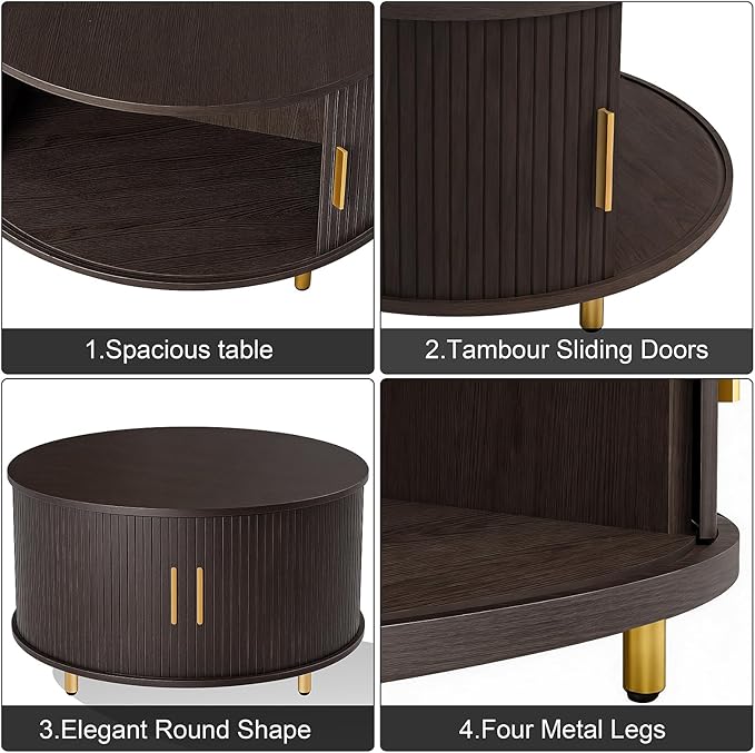 DHH Round Coffee Table, 31.5" Mid Century Modern Coffee Table with 360° Sliding Tambour Door, Fluted Accent Coffee Table with Storage Adjustable Footpads for Living Room (Coffee)