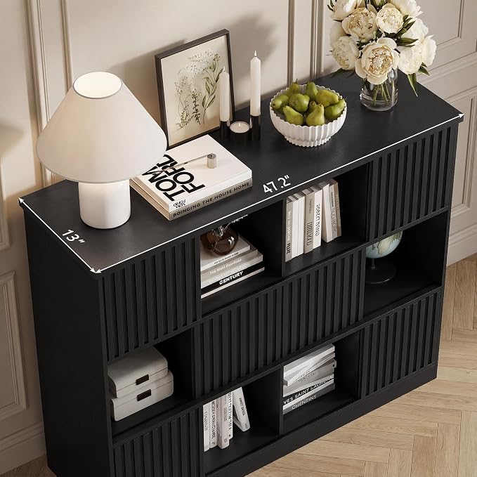 Einhomn 12 Cube Storage Organizer with Sliding Doors, Modern Fluted Bookshelf with Storage Cabinet, Wooden Bookcase with 6 Open Shelves for Living Room, Home Office, Bedroom, Black