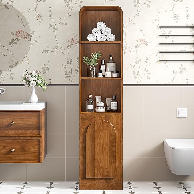 Tall Narrow Storage Cabinet with Arched Door, Slim Bathroom Cabinet with 5 Tier Shelves, Wood Mid Century Modern Display Cabinet for Living Room, Kitchen, Walnut, Adjustable Shelf, Wooden, Thin