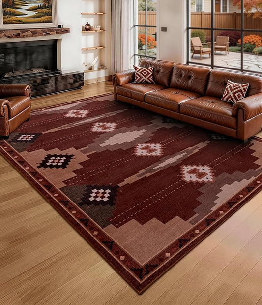 YIHOUSE Navajo Rustic Rug for Living Room, 6x9 Southwestern Area Rug Mid Century Modern Brown Rug Soft Non-Slip Washable Rugs for Bedroom, Dining Room (Brown/Red, 6'x9')