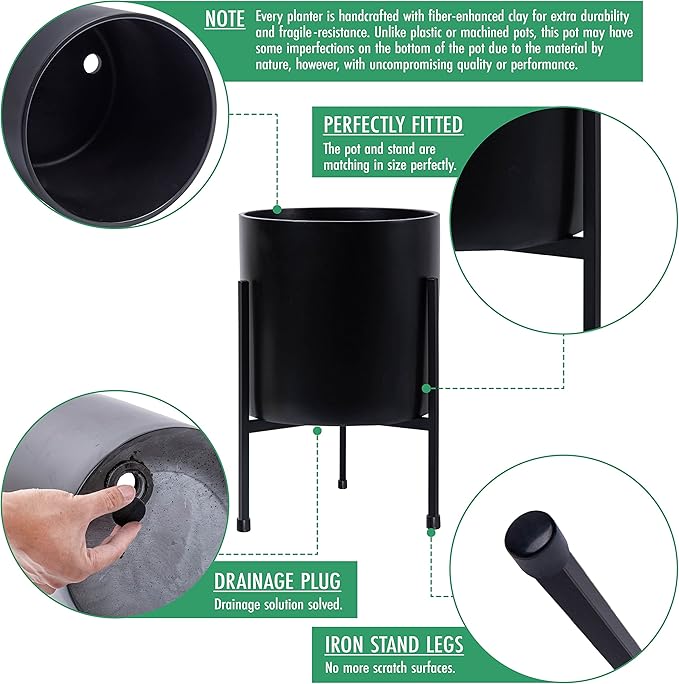D'vine Dev Mid Century Fiberglass Resin Planter Pot with Iron Stand, 10 inch, Matte Black, 96-A-2-M