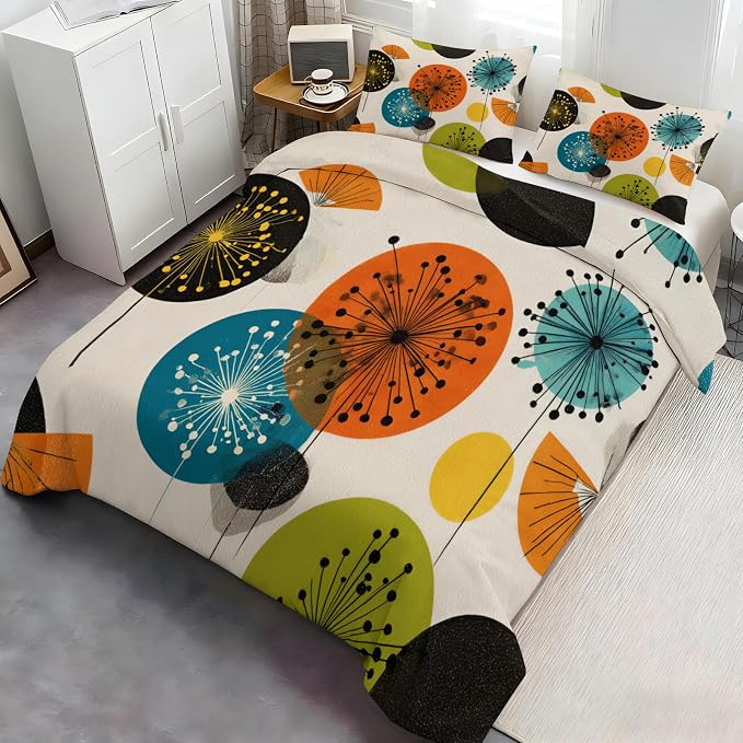 Mid Century Modern Duvet Cover Twin Size, Retro Vintage Atomic Bedding Set 3 Piece, Abstract Art Dandelion Patterned Comforter Cover with Zipper Soft Microfiber, 2 Pillowcases