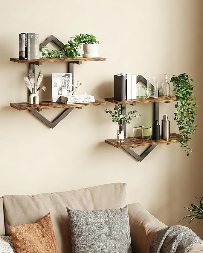 Floating Shelves, Set of 2 Wall Shelf, Wall Mounted Decorative Shelves, 2-Tier Modern Geometric Hanging Storage Shelf for Living Room, Bedroom, Kitchen, Office, Study (Rustic Brown + Black)