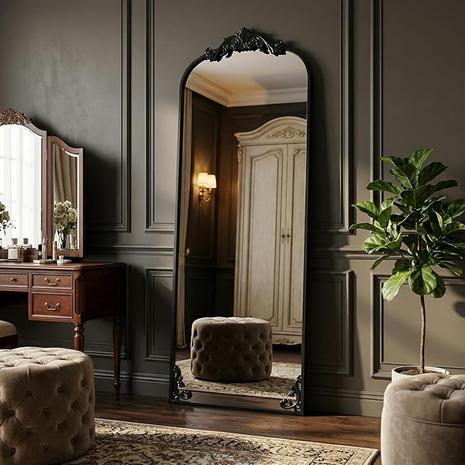HARRITPURE Vintage Arched Full Length Mirror, 64"x21" Baroque Carved Full Body Mirrors, Large Floor Standing Mirror with Black Aluminum Frame for Bedroom, Living Room, Entryway