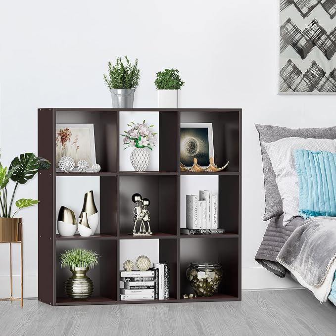 ZenStyle 9 Cube Storage Shelf Organizer, Wooden Bookshelf System Display Cube Shelves Compartments, Customizable W/ 5 Removable Back Panels (Brown, 9 Cube)