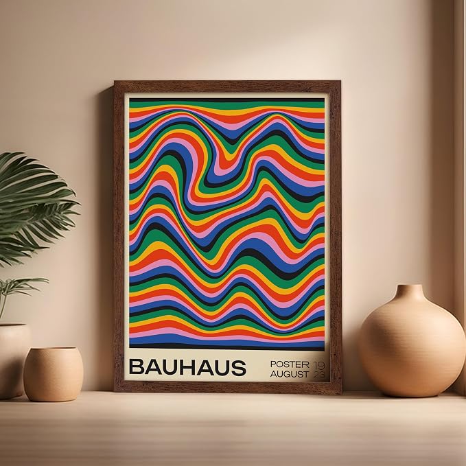 Poster Master Bauhaus Poster - Psychedelic Waves Print - Abstract ART - Rainbow ART - Groovy Style - Chic Boho - Mid Century Modern - Living Room or Bedroom Wall Decor - 16x20 Brown Framed