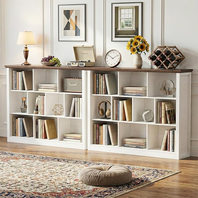 Unikito 10 Cube Storage Book Shelf - 50" Wide Wood Cube Storage Organizer, Wooden 3 Tiers Floor Standing Low Bookcase for Living Room, Bedroom, Home Office, Kids Room, Rustic White and Brown