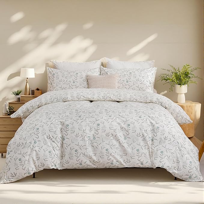 100% Cotton Floral Duvet Cover Set King Size Ultra Soft Breathable Blue Floral Grey Leaves Bedding Set for Women with Zipper Closure 3 Pcs Chic Reversible Duvet Cover for All Season