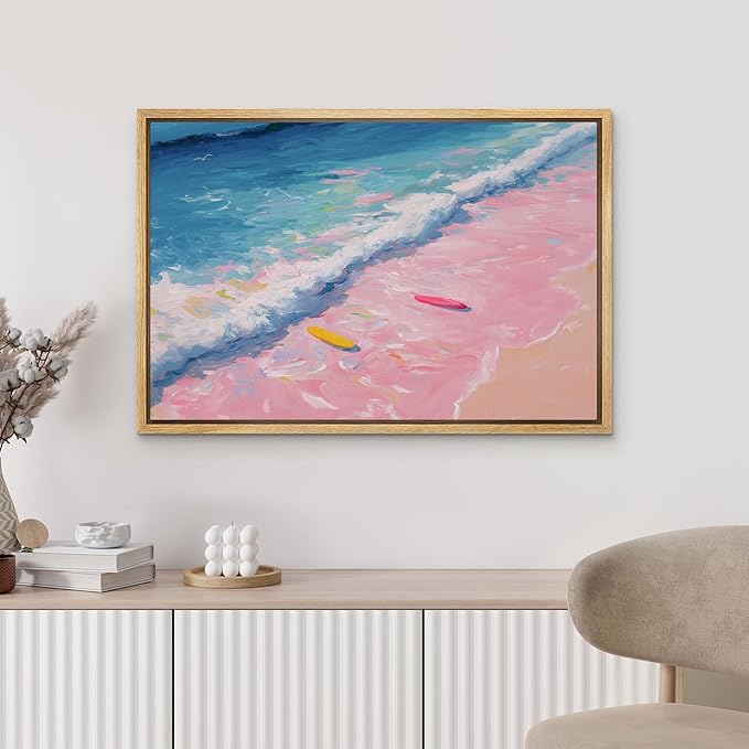 MUDECOR Framed Canvas Print Wall Art Pink Shoreline Waves with Surfboards Coastal Scene Illustrations Minimalism Decorative Bohemian Zen for Living Room, Bedroom, Office - 16"x24" NATURAL