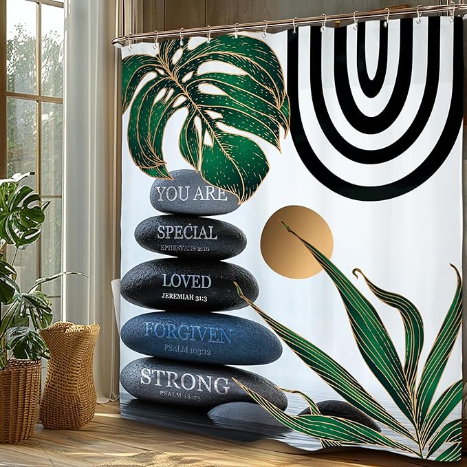 Miyotaa Abstract Zen Spa Shower Curtain Set 60Wx71H Inches Minimalist Bible Meditation Modern Aesthetic Contemporary Green Plant Leaves Monstera Neutral Waterproof Bathroom Curtain 12 Hooks
