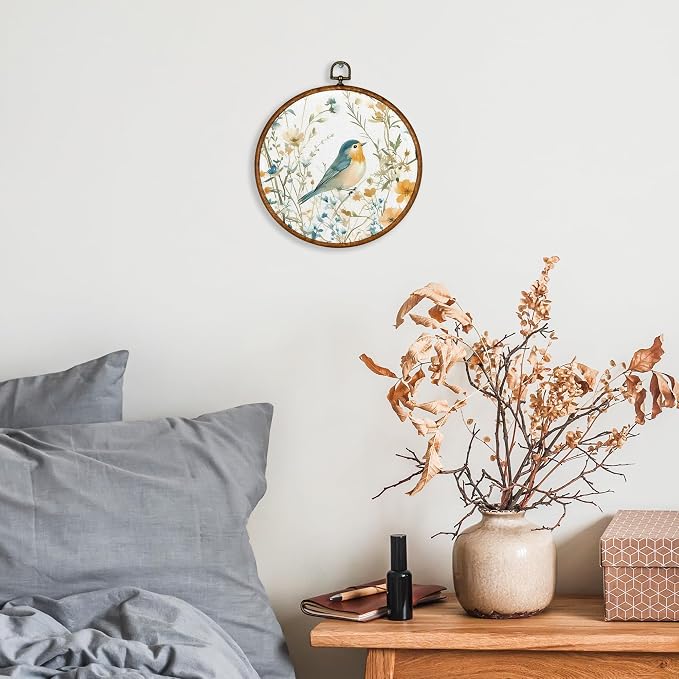 KSDUT Retro Aesthetic Floral Bird Wall Art Decor - Botanical Neutral Mid Century Modern Wall Art Canvas Frame Hanging Prints, Vintage Landscape Round Wall Art Decor for Home Decorations 10"x10"