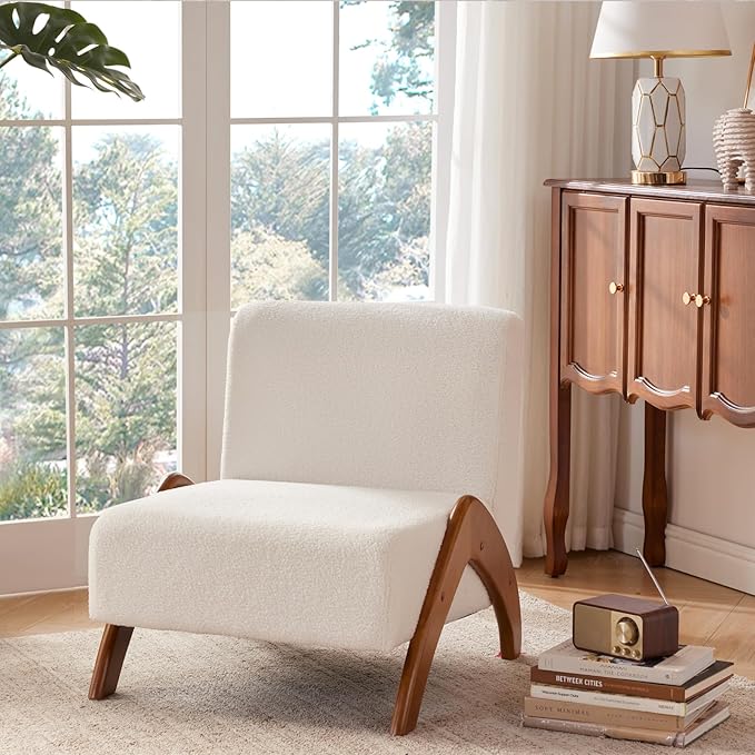 Oversized Accent Chair, upholstered armless mid Century Modern Living Room Chair with Wooden Legs for Bedroom/Office/Cafe, Sherpa Cream