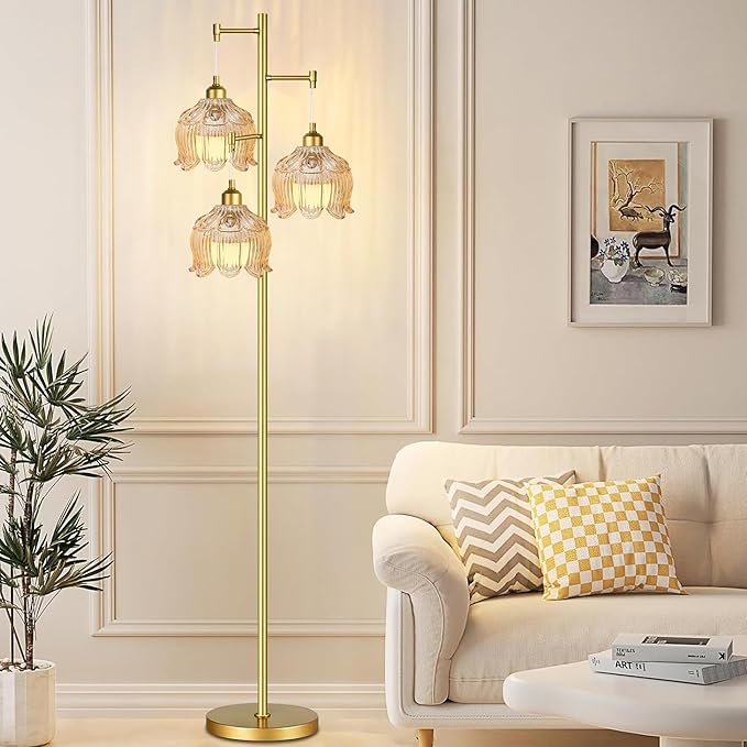 Glass Floor Lamp for Living Room,Bedroom,Mid Century Modern Standing Lamp Black Tree 3 Light Tall Floor Lamps Vintage Retro Floor Lights Green Lamp Shade Farmhouse Boho Bohemian