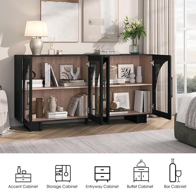 Sideboard Buffet Cabinet with Storage,63” Modern Accent Console Cabinet with Glass Doors,Arched Credenza Storage Cabinet with Adjustable Shelves for Entryway,Kitchen,Black