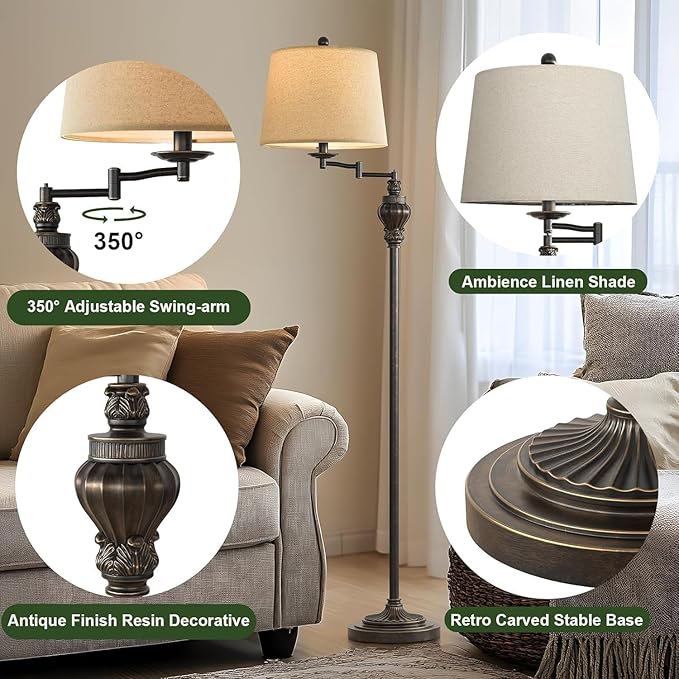 61" Vintage Floor Lamp with 350° Adjustable Swing Arm, Standing Lamp for Bedroom Living Room Bedside Nightstand Retro Farmhouse Mid Century Lamp Light Home Décor Office Gifts