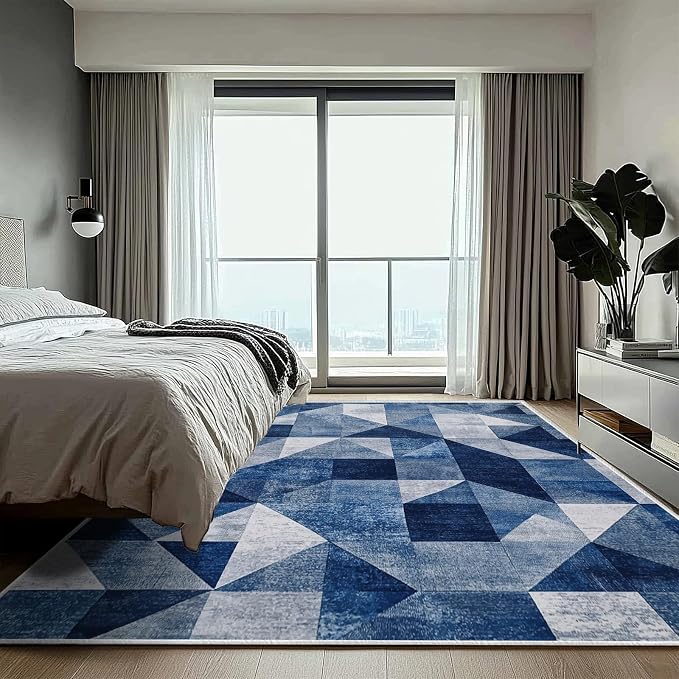 6x9 Navy Blue Area Rug Modern Geometric Blue White Beige Bedroom Rug Soft Low Pile Thin Large Carpet Living Room Non Slip Dining Room Stain Resistant Office Washable Machine