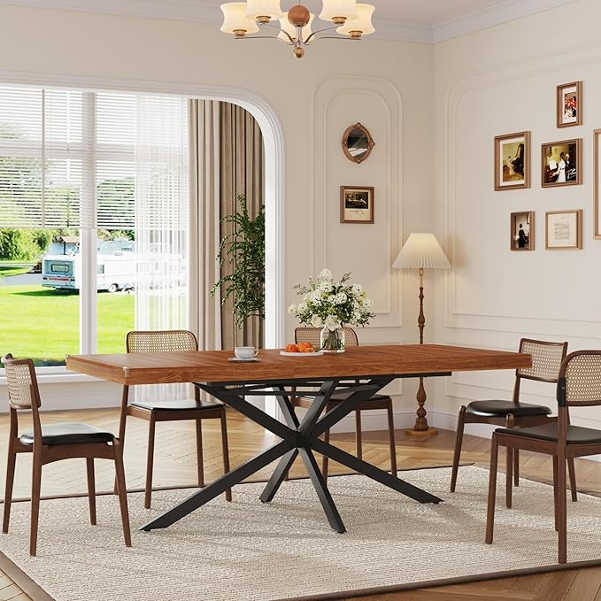 59In-78Inch Extendable Rectangular Dining Table for 6 8 People, Wood Long Dining Room Table W/Removable Leaves,Space Saving,Modern Dinner Table W/Waterproof Tabletop&Metal Legs for Kitchen Living Room