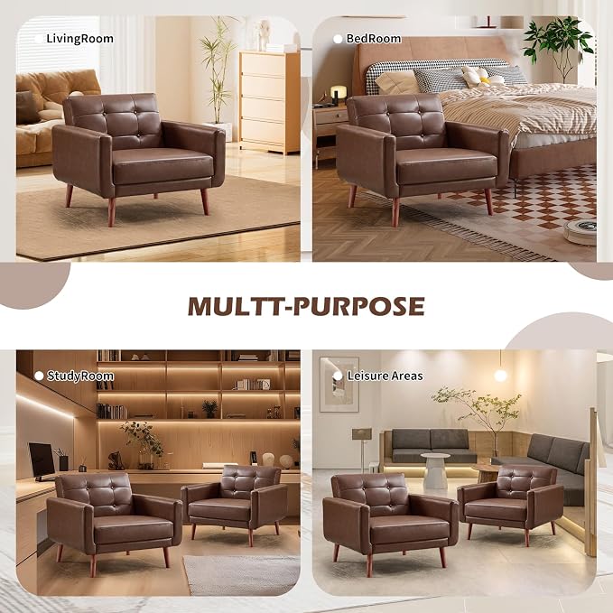 CANMOV 29" W Oversized Leather Accent Chair, Armchair Button Back, Mid Century Modern Accent Chairs for Living Room, Modern Upholstered Bed Room Chair Cozy Armchair with Wood Legs, Brown