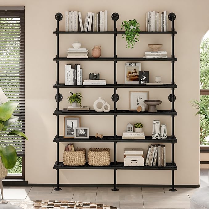 6 Tier Industrial Ladder Shelf Bookcase, Wall Mounted Rustic Bookshelf for Living Room Decor and Storage (Black, 6 Tier - 10" D x 60" W x 82.5" H)
