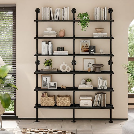 6 Tier Industrial Ladder Shelf Bookcase, Wall Mounted Rustic Bookshelf for Living Room Decor and Storage (Black, 6 Tier - 10" D x 60" W x 82.5" H)