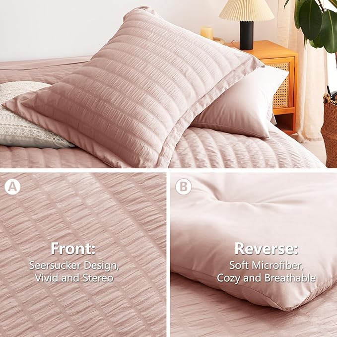 CozyLux Queen Comforter Set Rose Gold, 7 Pieces Seersucker Textured Luxury Bed in a Bag Queen, Dusty Pink All Season Bedding Set with Down Alternative Comforter, Sheets, Pillowcases & Shams, Home Gift