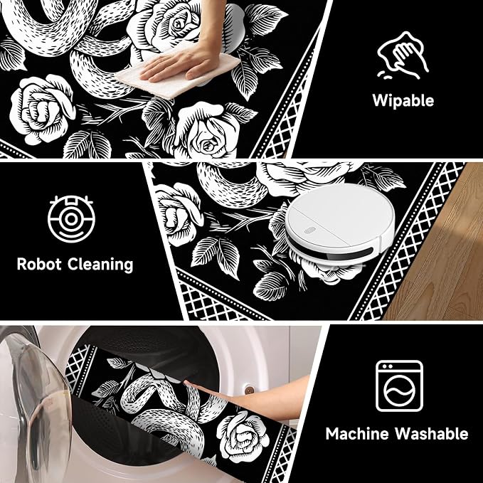 5'x7' Gothic Snake and Rose Area Rug Black and White Floral Vine Floor Mat Retro Boho Carpet Washable Low Pile Indoor Rugs for Entryway Bedroom Living Room Kitchen Home Decor