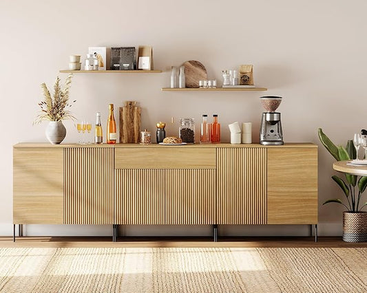 WAMPAT 94.5" Buffet Sideboard Cabinet with 1 Drawer & 6 Doors, 3-in-1 Fluted Storage Cabinet with Adjustable Shelves, Modern Buffet Table Coffee Bar Wine Bar Cabinet for Dining Room, Living Room, Oak