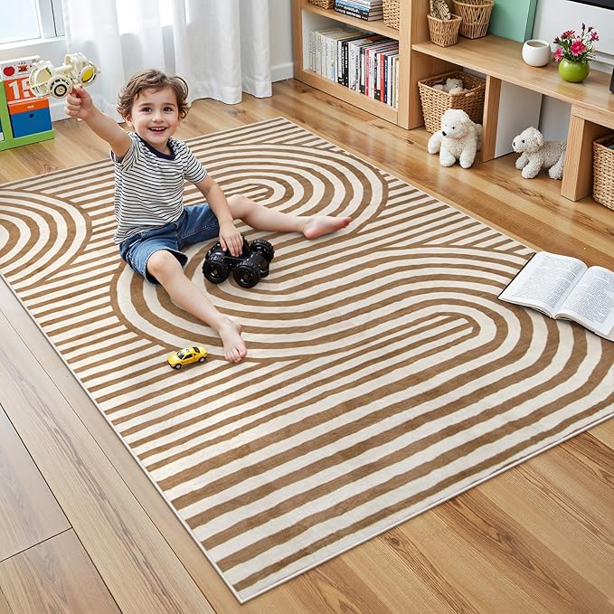 Lahome Abstract Area Rugs 5x7,Soft Living Room Rug Nursery Bedroom Rugs,Rainbow Colorful Playroom Rug Ultra-Thin Stain Resistance Throw Large Carpet for Kids Classroom Dorm Alba (5'X7',Khaki/Orange)