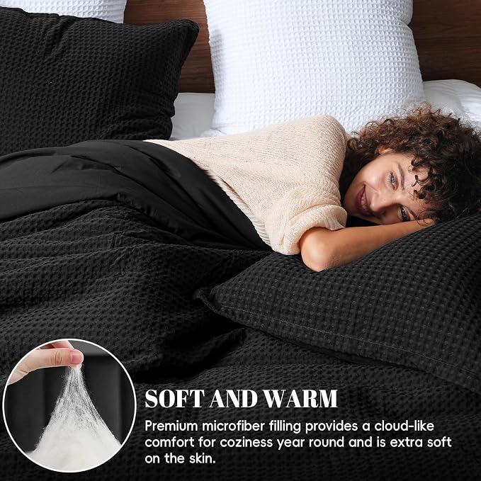 PHF Ultra Soft Waffle Weave Comforter Set Twin Size, 2 Pieces Lightweight Breathable Comfy Bedding Set, Comfy Textured 1 Comforter with 1 Pillow Shams, Black