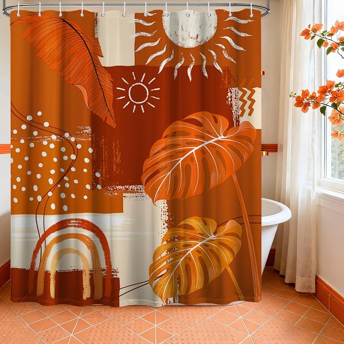 Burnt Orange Mid Century Modern Shower Curtain Bohemian Abstract Leaf Shower Curtains for Bathroom Decor Sets, Waterproof Cloth Fabric with Hooks, 72x84 Inch