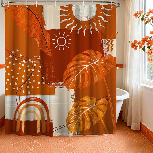 Burnt Orange Mid Century Modern Shower Curtain Bohemian Abstract Leaf Shower Curtains for Bathroom Decor Sets, Waterproof Cloth Fabric with Hooks, 72x84 Inch