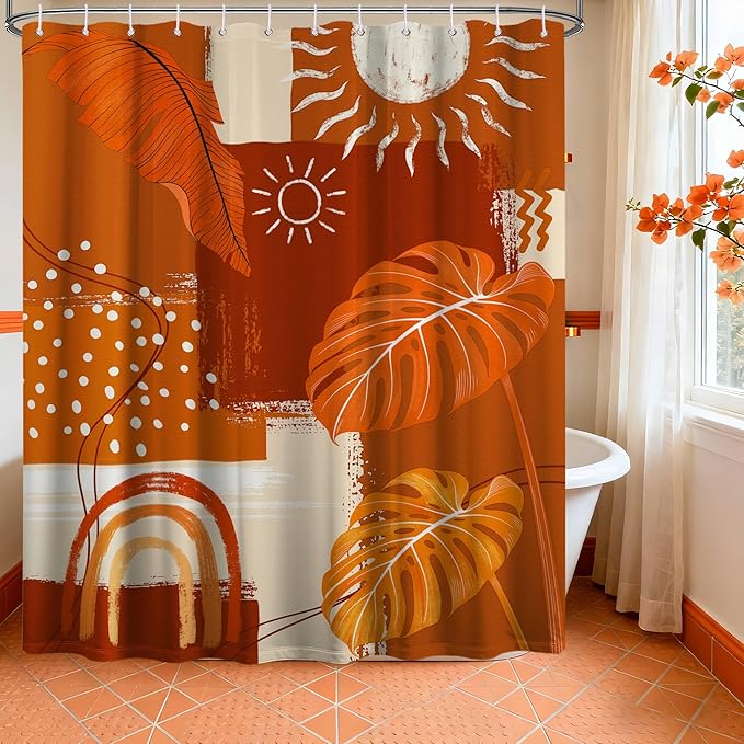 Burnt Orange Mid Century Modern Shower Curtain Boho Abstract Leaf Shower Curtains for Bathroom Decor Sets, Waterproof Cloth Fabric with Hooks, 60x72 Inch