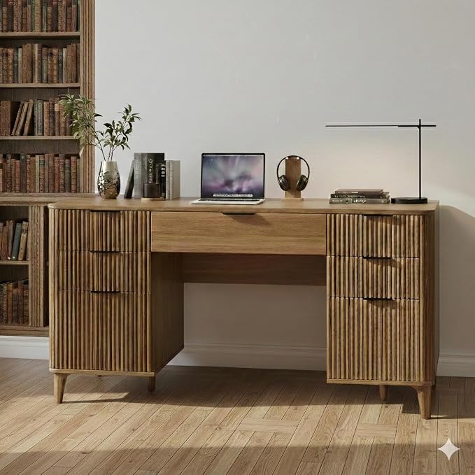 Walnut Desk with Drawers, 55" Fluted Executive Desk with Storage Cabinet, Wood Home Office Desk with File Cabinet, Modern Computer Writing Desk for Study, Living Room, Bedroom