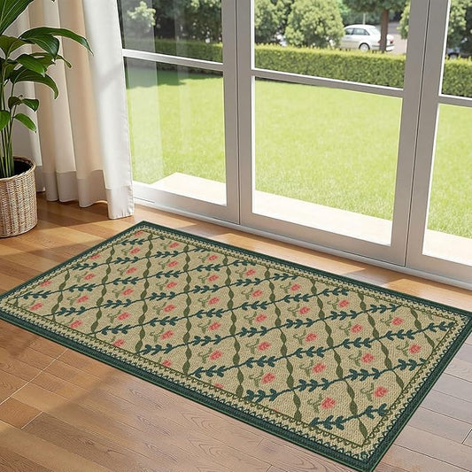 Front Door Mat Indoor Entrance - 2x4.3 Ft Washable Layered Doormat Outdoor Entrance Porch Rug Non-Slip Jute-Look Khaki Farmhouse Trellis Runner Rug for Kitchen Bedroom Laundry Room Porch Decor