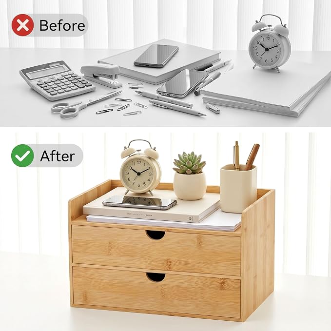 Desk Organizer with Drawers - Bamboo Desktop Organizer Storage | White-Natural Wood Desk Drawers Organizer for Bills, Office Supplies, Cosmetics, Seals No Assembly Required