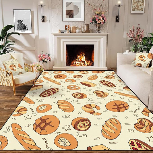 Cute Bread Area Rug 3D Cattoon Carpt Waffle Croissant and Muffin Rugs for Bedroom Living Room Kitchen Nursery Playroom Home Decor Washable Non Slip Floor Mat,6'x9'