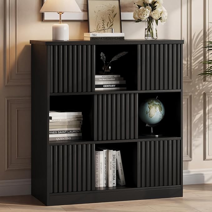 Einhomn Cube Storage Organizer with Sliding Doors, Wooden Bookshelf Storage Cabinet, 9 Cube Bookcase Organizer for Living Room Bedroom Office, Black