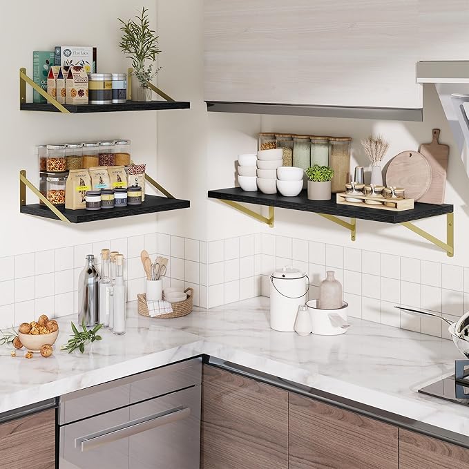 Deep Wall Shelves 24"W x 12"D Engineered Wood Floating Shelves for Wall, Sturdy Metal Bracket(Gold) Bookshelves Home Decor Storage for Living Room Bedroom Bathroom Kitchen, Set of 2, Black Finish
