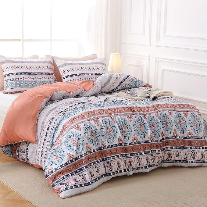 MUXHOMO Duvet Cover Queen Size, Reversible Floral Vintage Duvet Cover Set with Zipper Closure, 3 Pieces Botanical Patterns Soft Microfiber Bedding Set (90"x90", 2 Pillow Cases, Boho Pink)