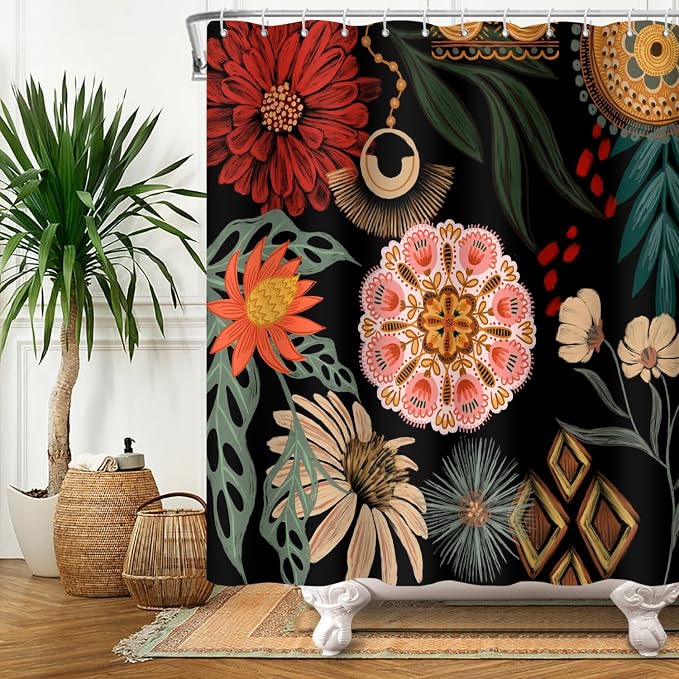Black Boho Floral Shower Curtain Abstract Botanical Mid Century Modern Bathroom Decor Tropical Flower Shower Curtain with 12 Hooks,72x96 inches