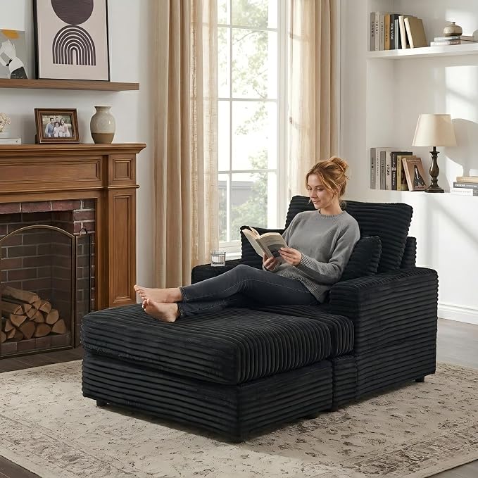 Eafurn 39" Corduroy Modular Accent Chair with Movable Ottoman, Comfy Living Room Armchair with Cup Holder, Soft Upholstered Wide Single Lounge Chaise Chair for Bedroom, Office or Reading Nook