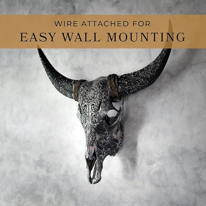 Skull Bliss - Hand-Carved Real Authentic Taxidermy Cow Skull/Bull Skull Wall Decor with Horns/Real Animal Cow Skull Wall Decor (Hand-Carved Horns)